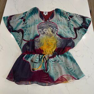 Silk Coulture Open front Beach Resort Style Blouse Large 100% Silk